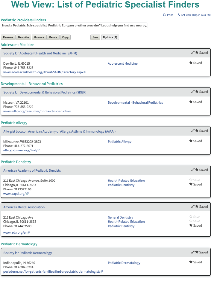 Web vie: list of pediatric specialist finders. Custom Medical Home Portal list
